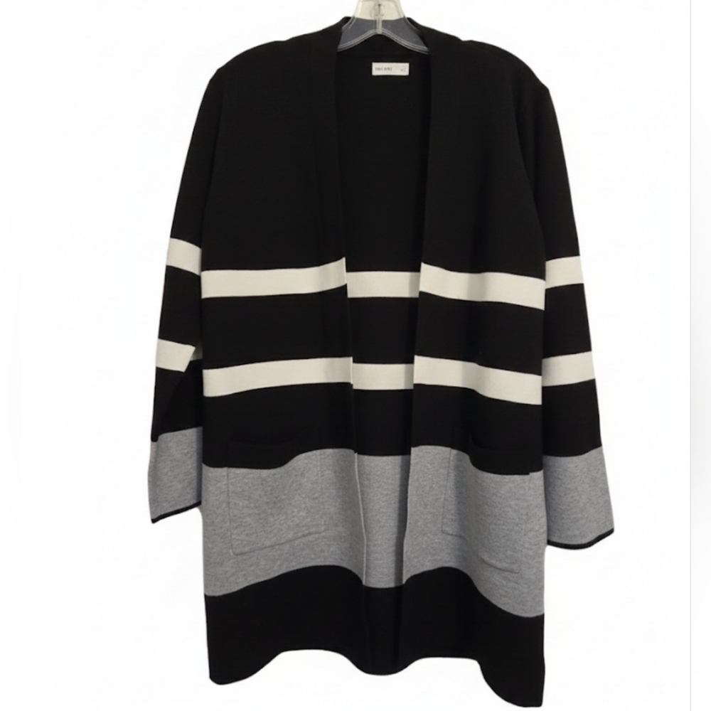 Nine West NWT Black White Striped Open Front Longline Duster Cardigan Medium